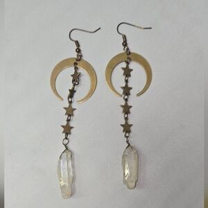Celestial Gold Moon & Star Earrings with Clear Crystal Drops